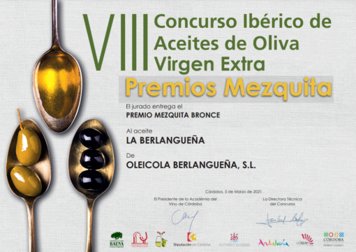 Premios Mezquita 2021 medalla de bronce, reserva tu aceite de Oleícola Berlangueña llamando al 678 850 089 o al 674 143 805