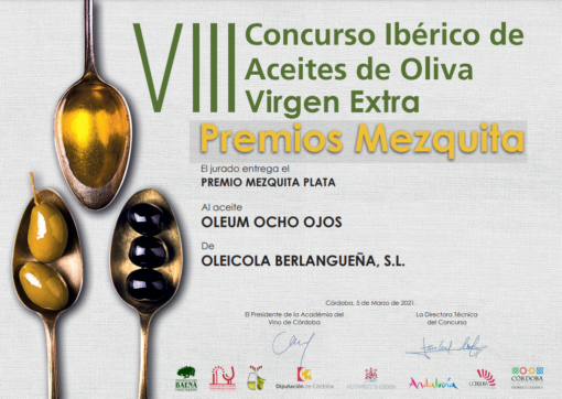 Premios Mezquita 2021 medalla de Plata, reserva tu aceite de Oleícola Berlangueña llamando al 678 850 089 o al 674 143 805
